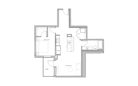 Floor plan for 1 bed, 1 bath, 792 sqft